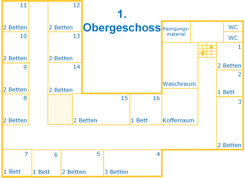 Grundriss 1. Obergeschoss mit Zimmern 1 bis 16